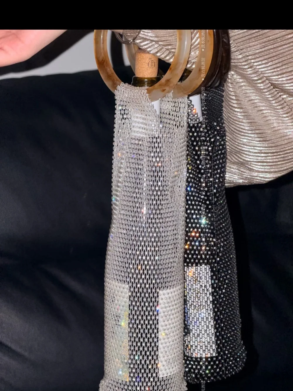 NWOT Rhinestone Beaded Wine Bottle Bag with Handle Ring - Black or Gold